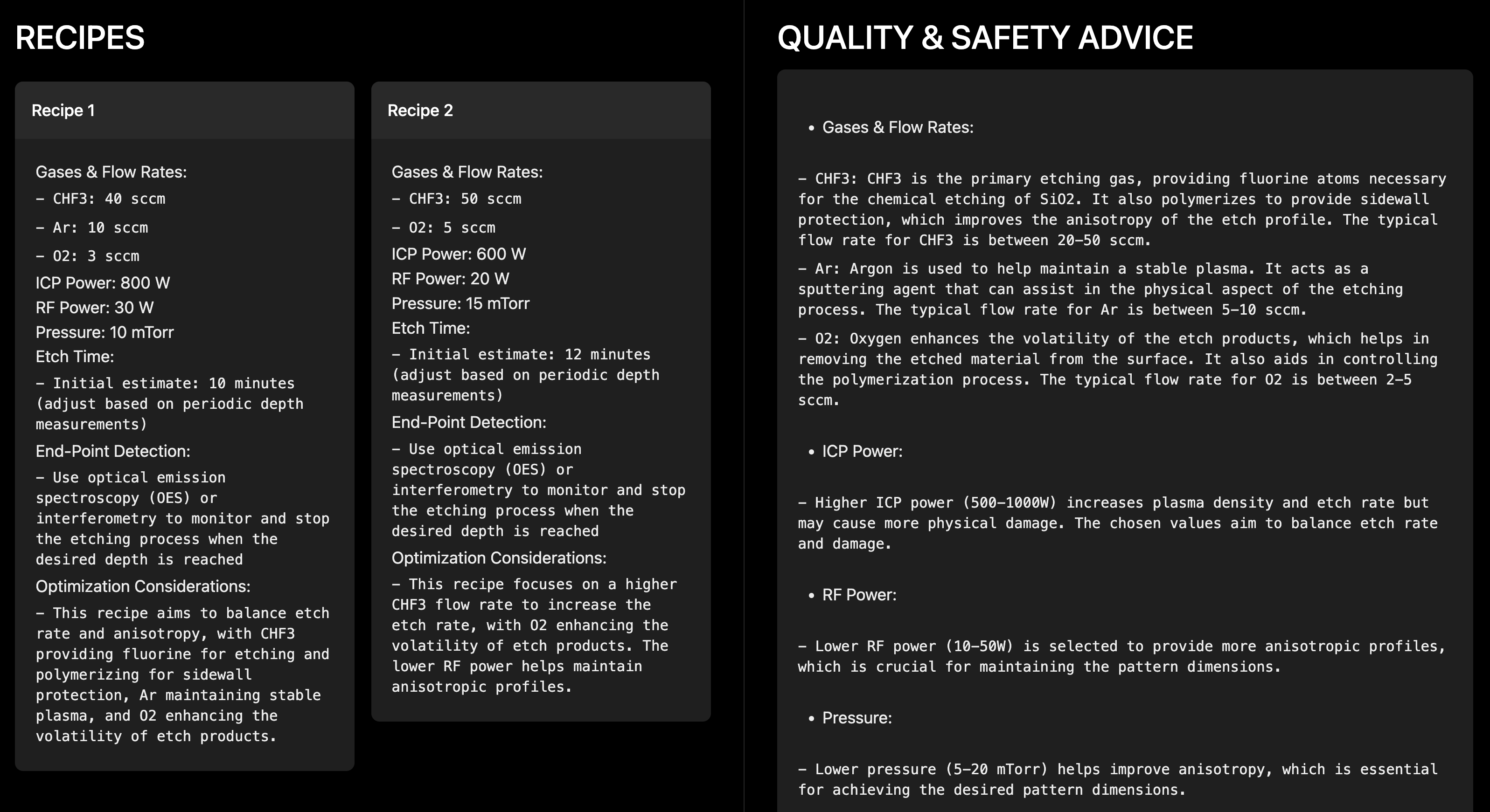 Typical Recipe Analysis & Recommendation from DANA-and-SemiKong-based Semiconductor Etching Advisor